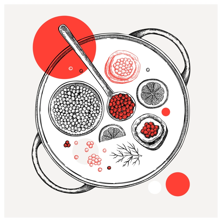 Hand-drawn tray with canned caviar, red caviar canape, lemons and dill illustrations. Finger food sketches set. Seafood delicacy drawings in collage style for restaurant menu design